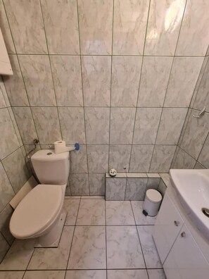 Een haardroger, handdoeken, zeep, toiletpapier