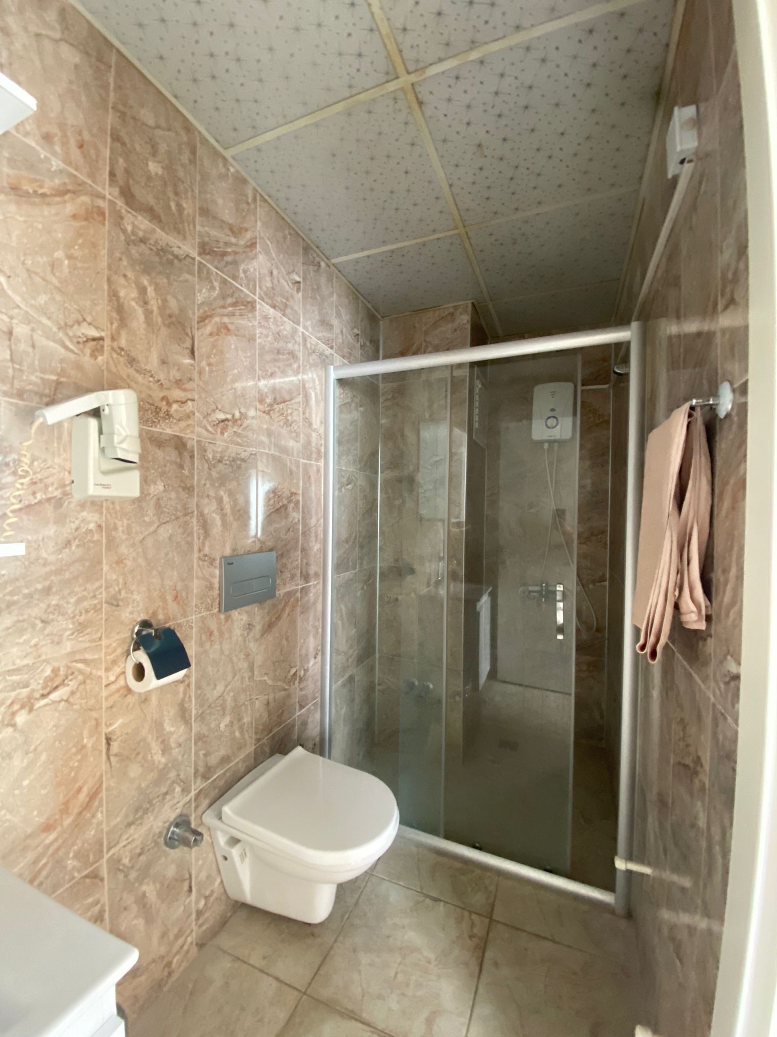 A bathroom with a glass-enclosed shower, a toilet, and a towel rack.