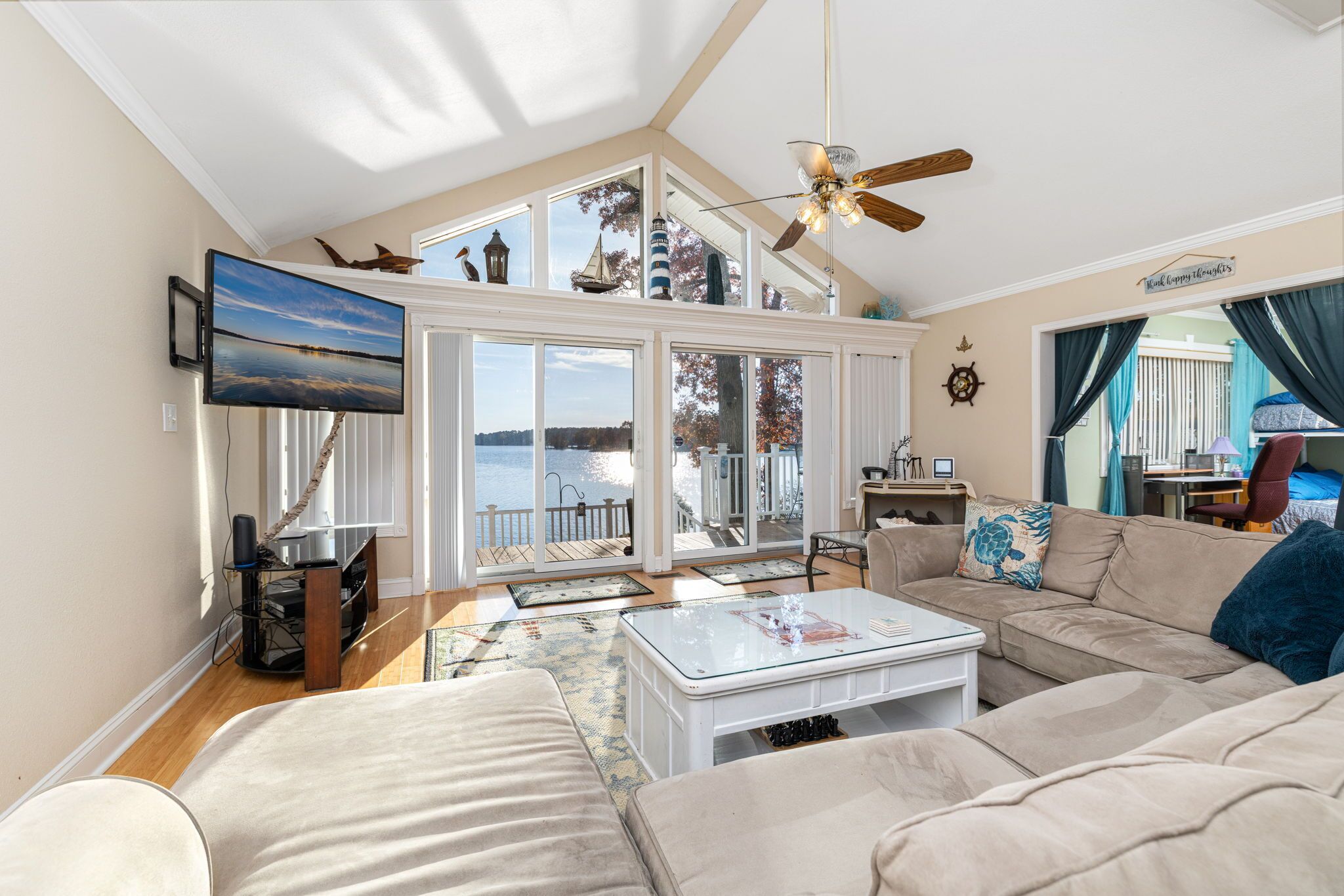 Smart TV, fireplace, books