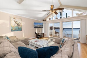 Smart TV, fireplace, books