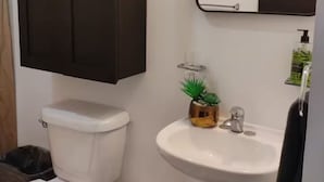 Ein Badezimmer mit Toilette, Waschbecken, Spiegel und Schrank.