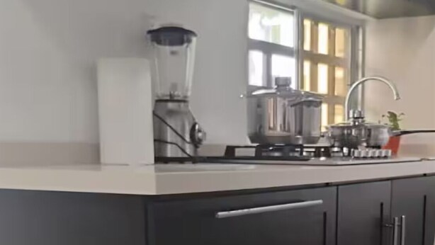 Eine moderne Küche mit dunklen Schränken, einem Einbauherd, einem Mixer und einem Fenster für natürliches Licht.