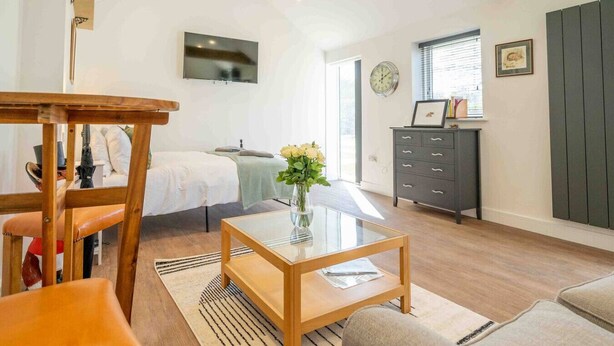 Una sala moderna con una mesa de centro de madera, un sofá, una cama y un aparador.