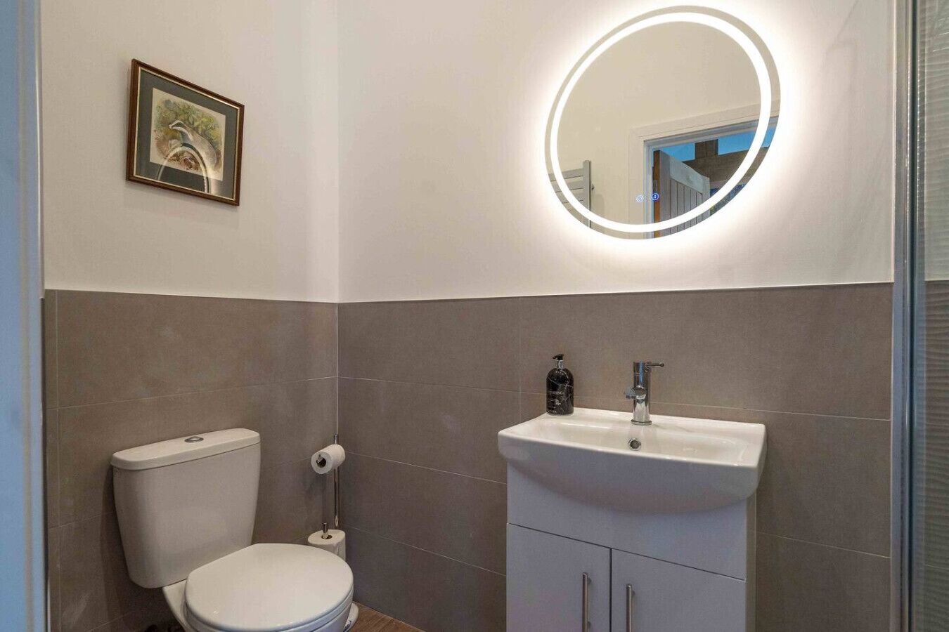 A bathroom with a toilet, a sink, a mirror with lights, and a framed picture on the wall.