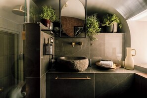 Un baño moderno con un lavamanos de piedra, un espejo grande y plantas en macetas.