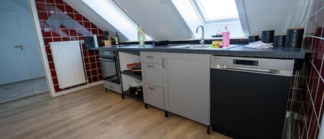 Eine moderne Küche mit einem Oberlicht, einem Geschirrspüler und einem eingebauten Backofen.