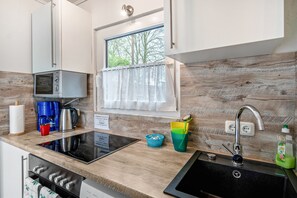 Frigorífico, microondas, horno y placa de cocina