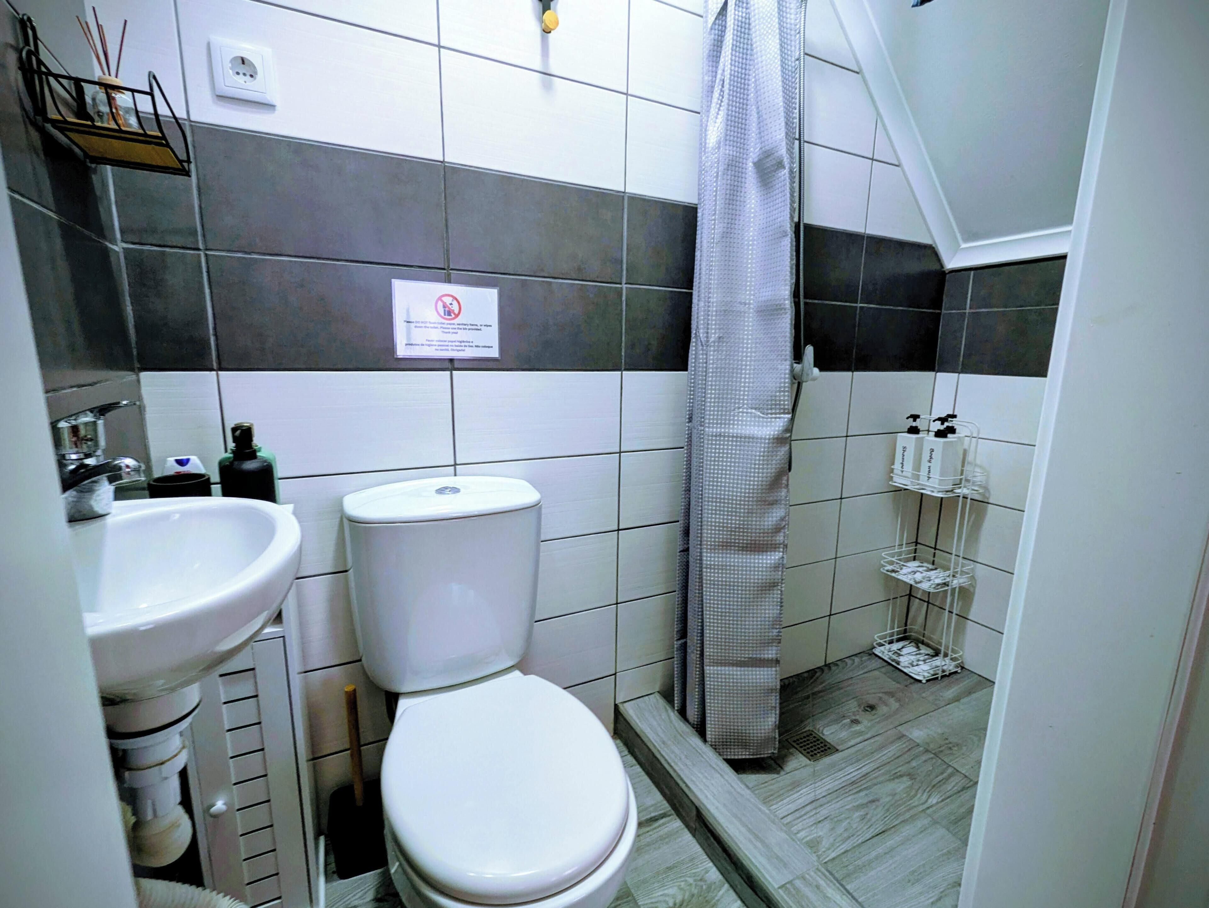 A small bathroom with a toilet, sink, and shower.