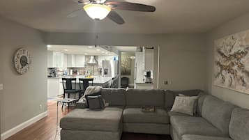 TV connectée, cheminée, livres, écrans d'ordinateur