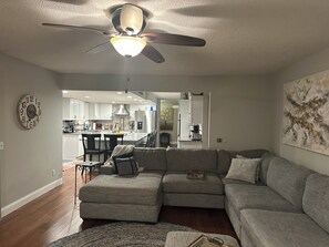 Älytelevisio, takka, kirjoja, tietokoneen näyttö