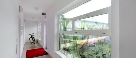 Un pasillo con una bicicleta, un tapete rojo y una ventana con plantas.