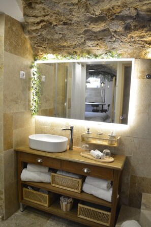 Hair dryer, towels, soap, toilet paper