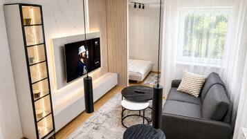 A modern living room with a flat-screen TV, a sofa, a coffee table, and a side table.