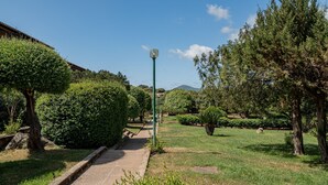 A well-maintained garden with a paved walkway, neatly trimmed hedges, and a variety of trees. - Casa Graziana by Wonderful Italy (Olbia)