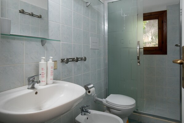 A bathroom with a sink, toilet, and glass-enclosed shower. - Casa Girgolu by Wonderful Italy (San Teodoro)