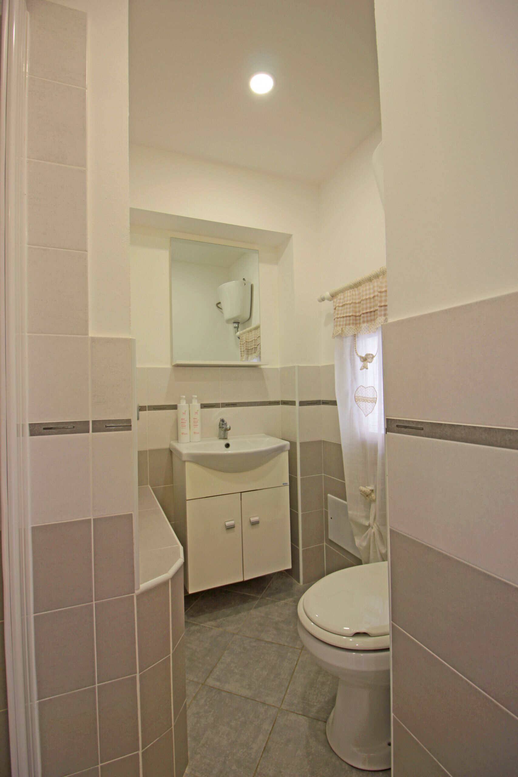 A bathroom with a toilet, sink, and mirror.