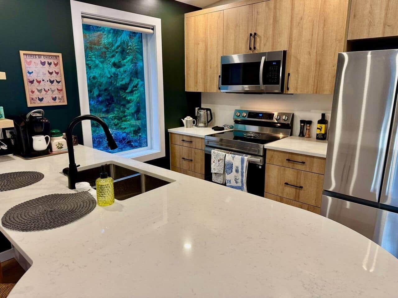 Een koelkast, een magnetron, een oven, een kookplaat