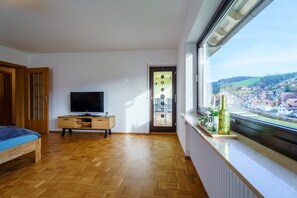 Ein Schlafzimmer mit Holzboden, einem Bett, einem Fernseher, einer Kommode, einem Fenster mit Blick auf eine Stadt und einer Tür mit Glasfenster.