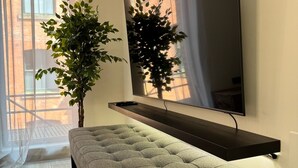 Moderni olohuone, jossa on suuri seinälle asennettu taulutelevisio, harmaa, napitettulla kuviolla varustettu penkki ja ruukussa oleva kasvi.