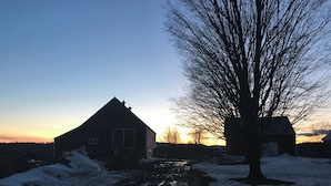 Un camino rural que lleva a un edificio oscuro con un ventanal grande, rodeado de nieve y un árbol desnudo.