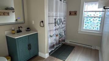 Hair dryer, towels, soap, toilet paper