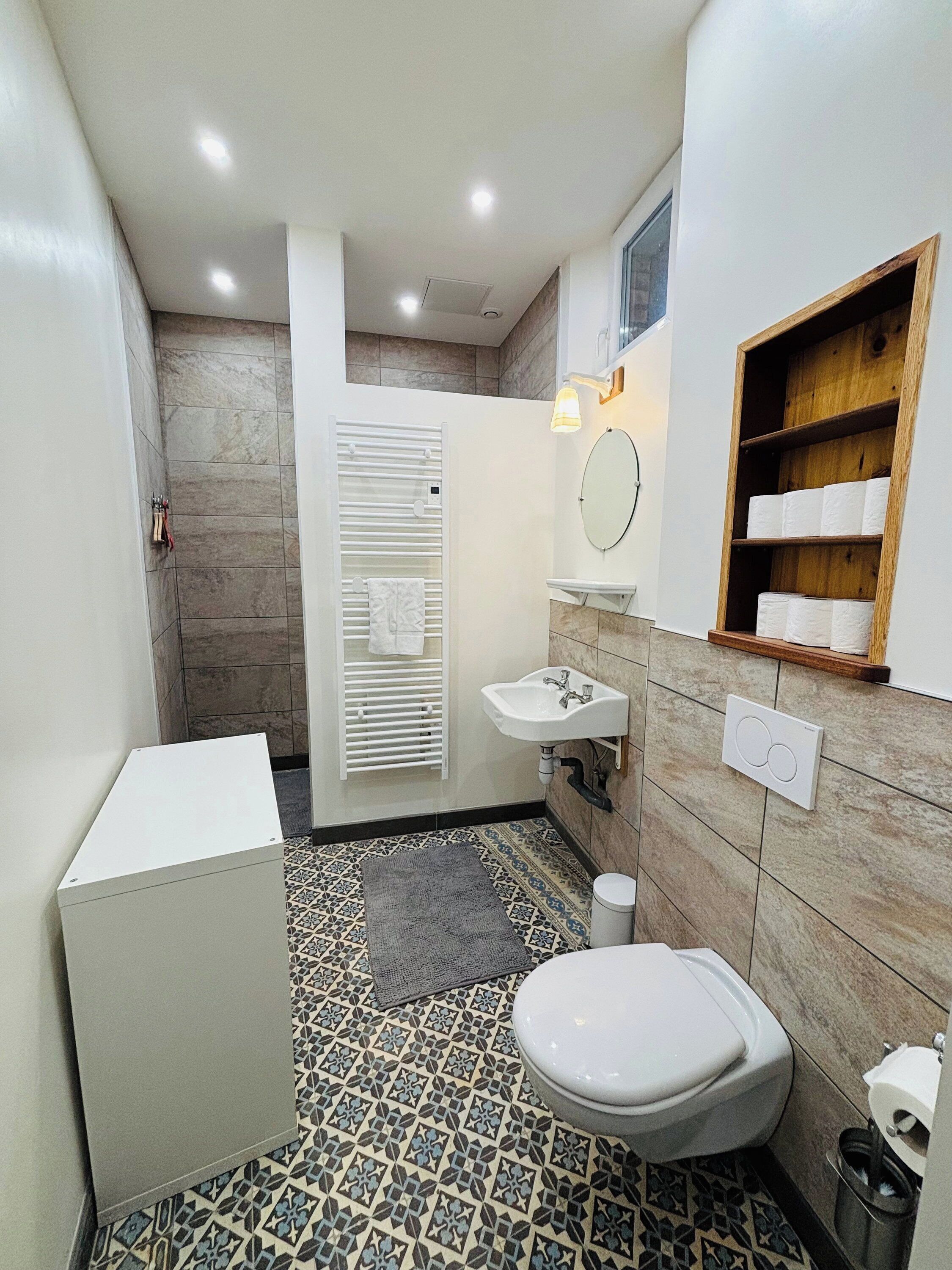 Shower, hair dryer, towels