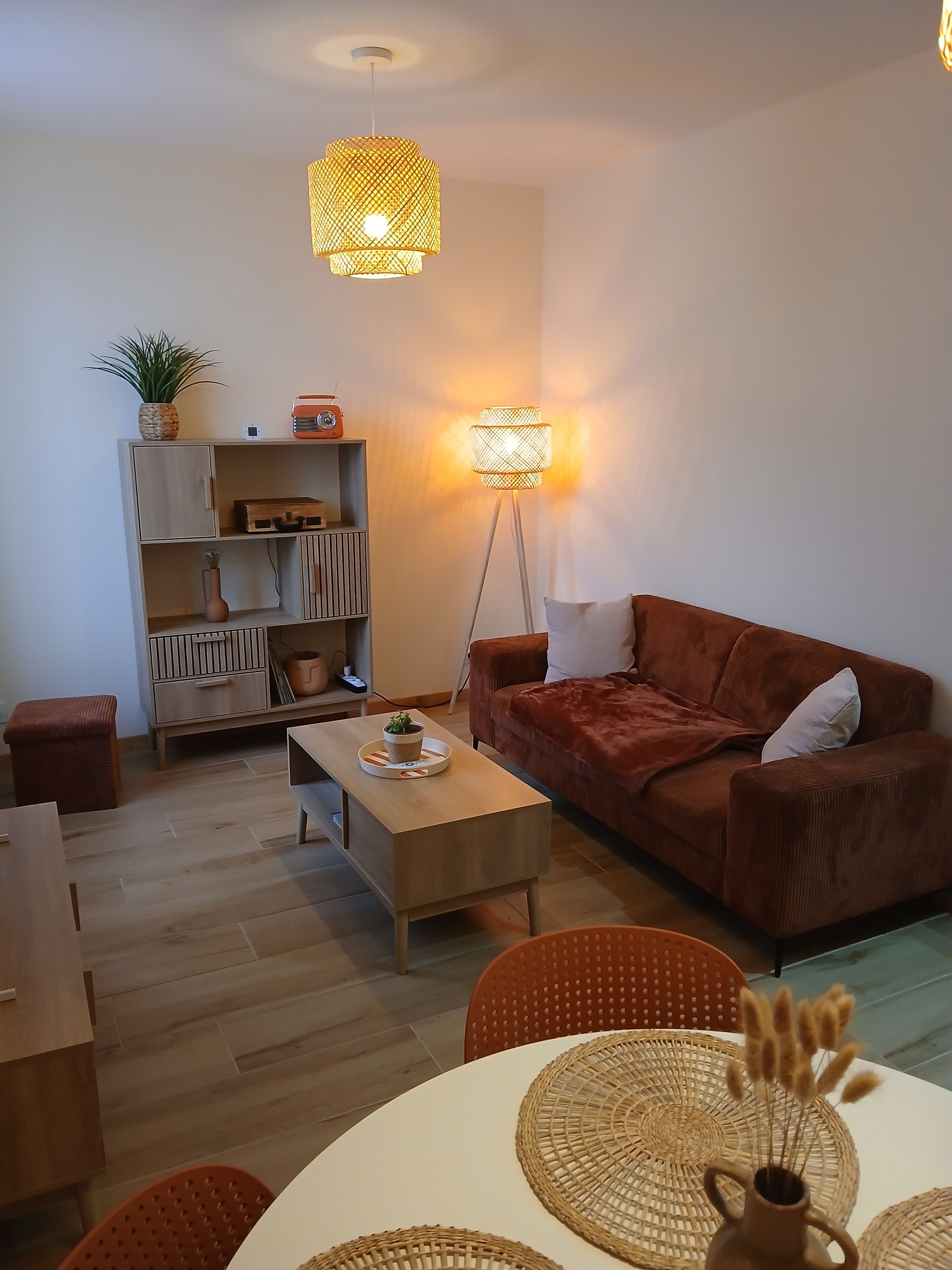 Een moderne woonkamer met een bruine bank, een houten salontafel en een vloerlamp. Er is een boekenkast met decoratieve objecten en een klein tafeltje met een plant.