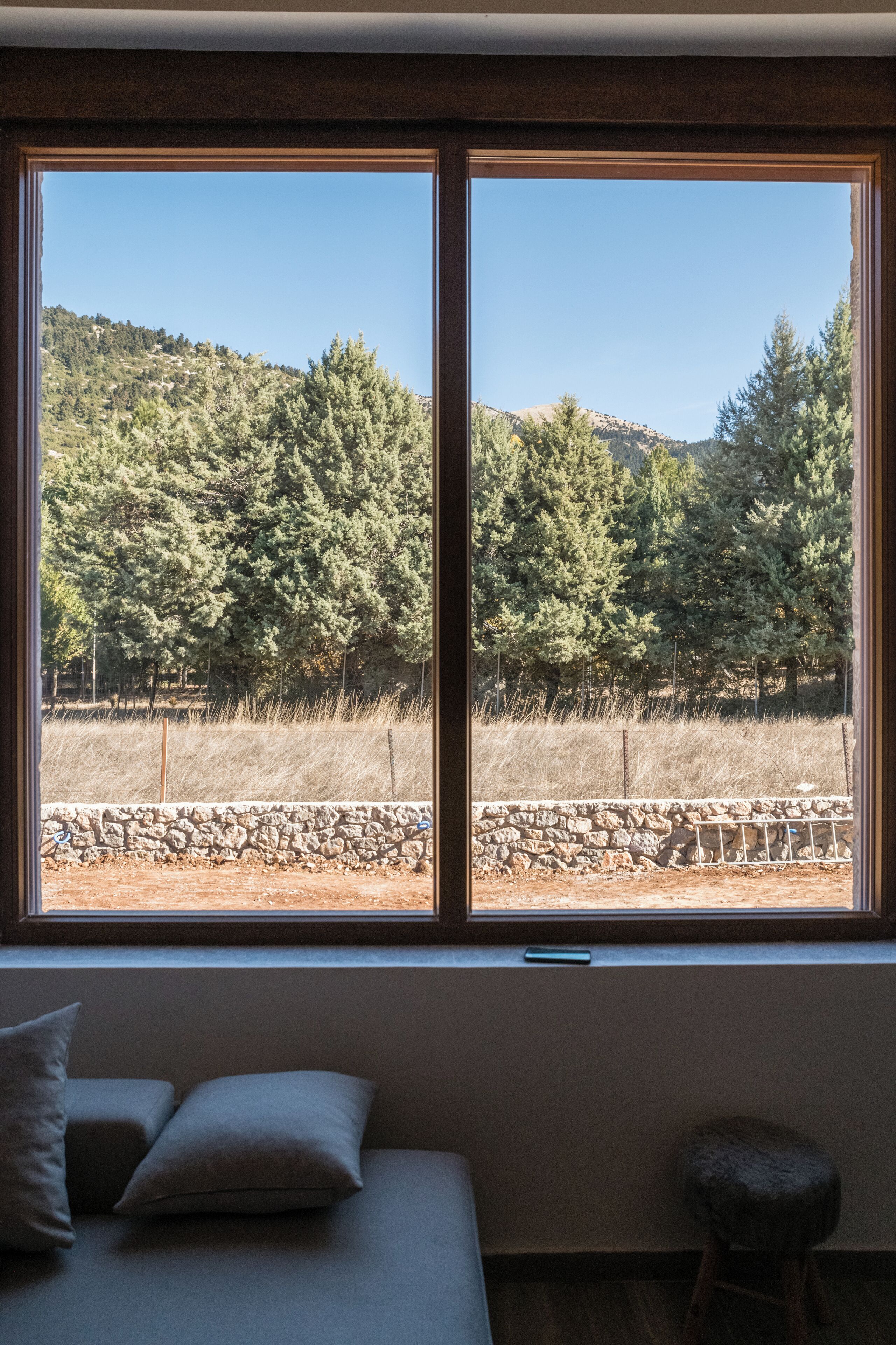 A room with a large window overlooking a forested hillside.