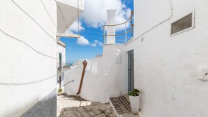 A narrow, white-walled alleyway with cobblestone pavement, a wooden door, and a small potted plant. - Campanile Apartment With Terrace by Wonderful Italy (Ostuni)