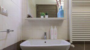 A bathroom with a white sink, a mirror above it, and a shelf with a plant and two bottles. - Housing Giulia - Studio 2 4 by Wonderful Italy (Turin)