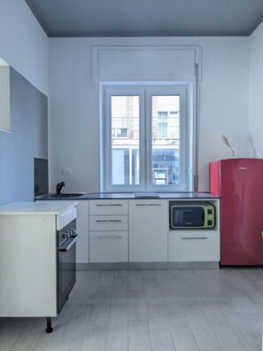 Frigobar, microondas, placa de cocina, utensilios de cocina