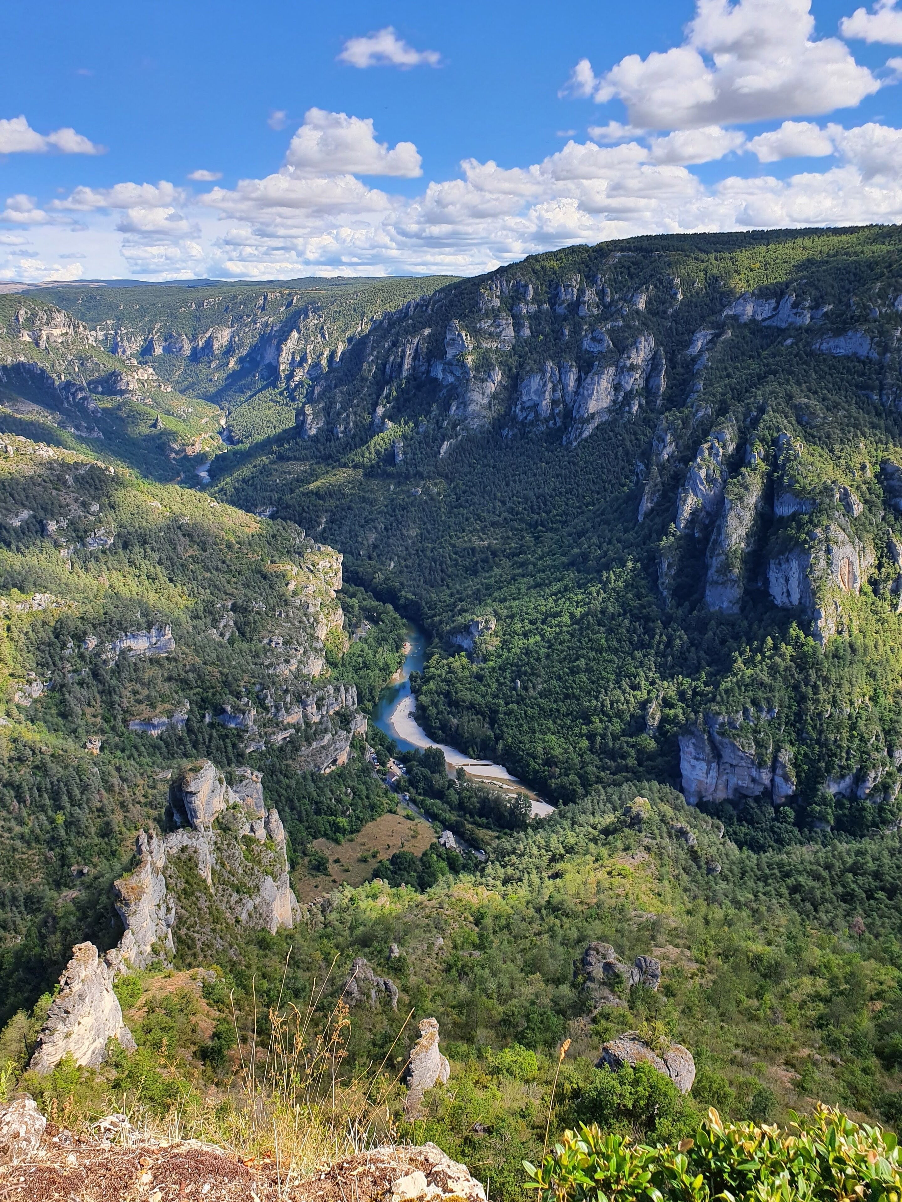 A mountainous landscape with a river, rocky cliffs, and dense forest.