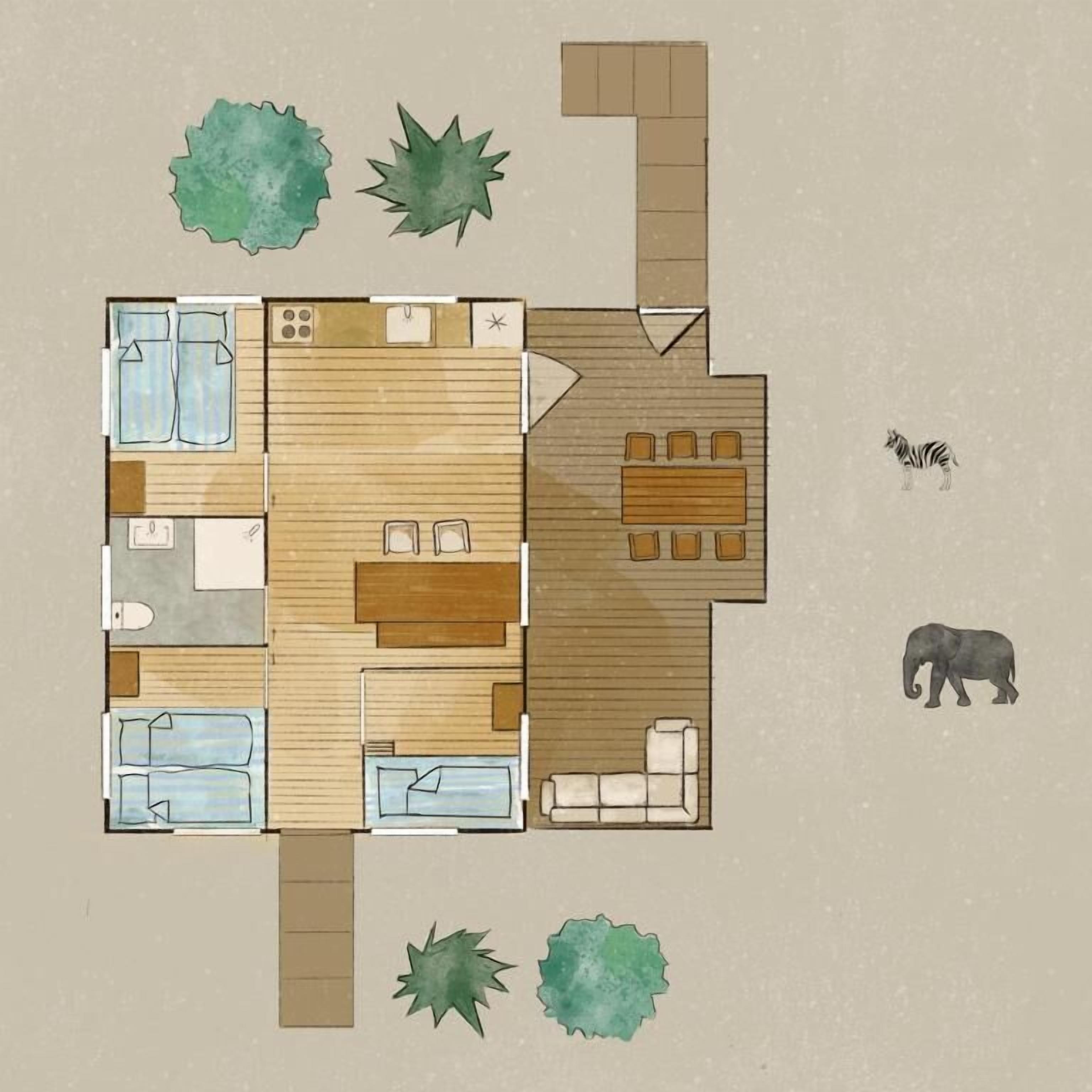 A floor plan of a hotel with a pool area, a dining area, and multiple bedrooms.