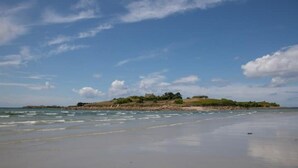 Ein Strand mit blauem Himmel und ruhiger See.