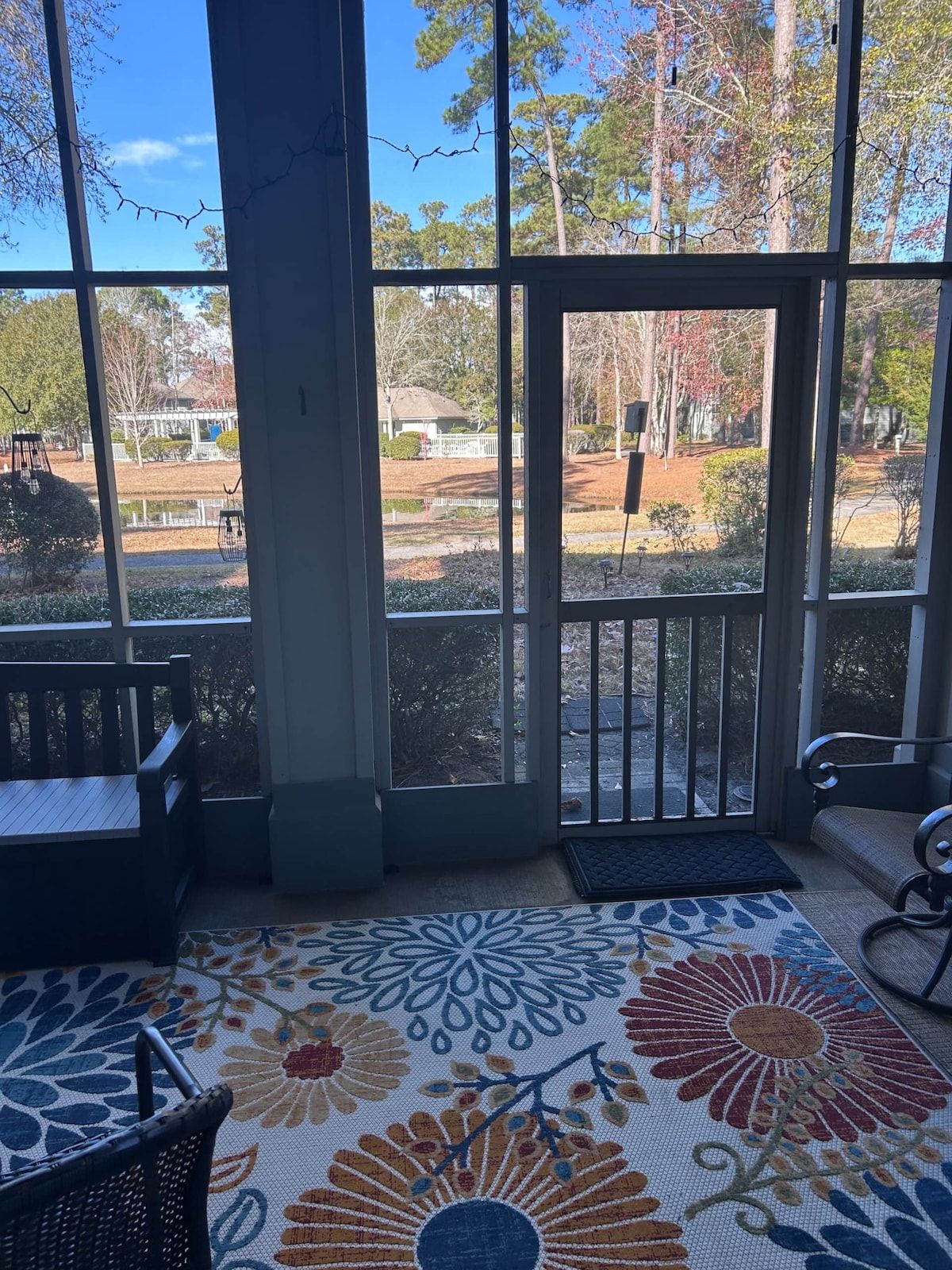 A covered porch with a view of a residential area, a patterned rug, and outdoor furniture.