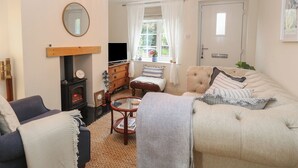 Una sala de estar acogedora con chimenea, un sofá, una mesa de centro y un televisor.