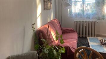 A cozy living room with a red sofa, a wooden coffee table, a wicker side table, a potted plant, a wooden chair, a wall clock, a poster, a window with sheer curtains, and a radiator.