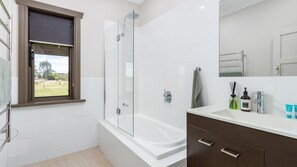 Shower, hair dryer, towels
