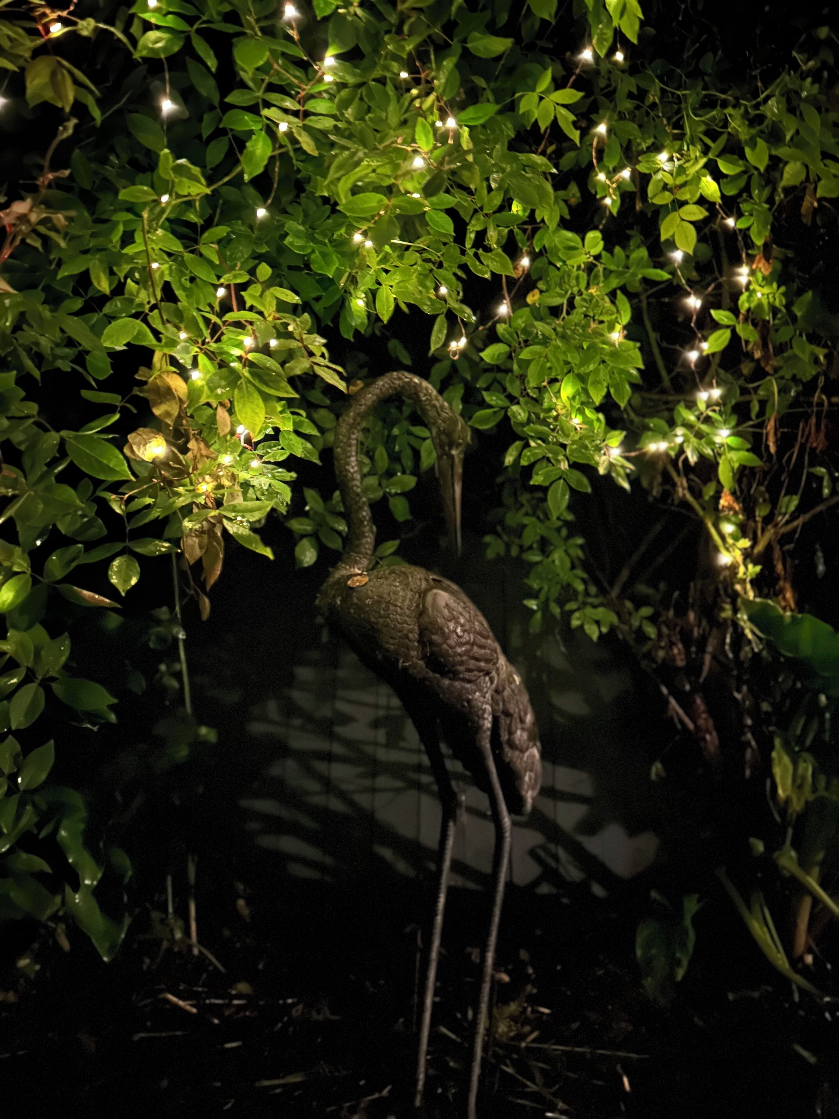 A bird statue in a garden with green foliage and string lights.