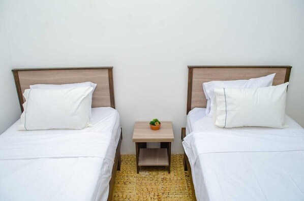 A room with two single beds, each with a wooden headboard and white bedding. There is a small wooden nightstand between the beds with a potted plant on it.