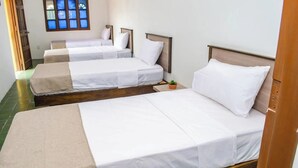 A hotel room with three single beds, a small potted plant, and a window with blue-tinted glass. - SGH SAN AGUSTIN HOTEL (Santa Marta)