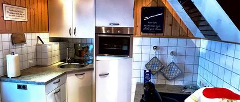 Fridge, oven, stovetop, coffee/tea maker