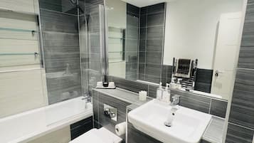 Hair dryer, towels, soap, toilet paper