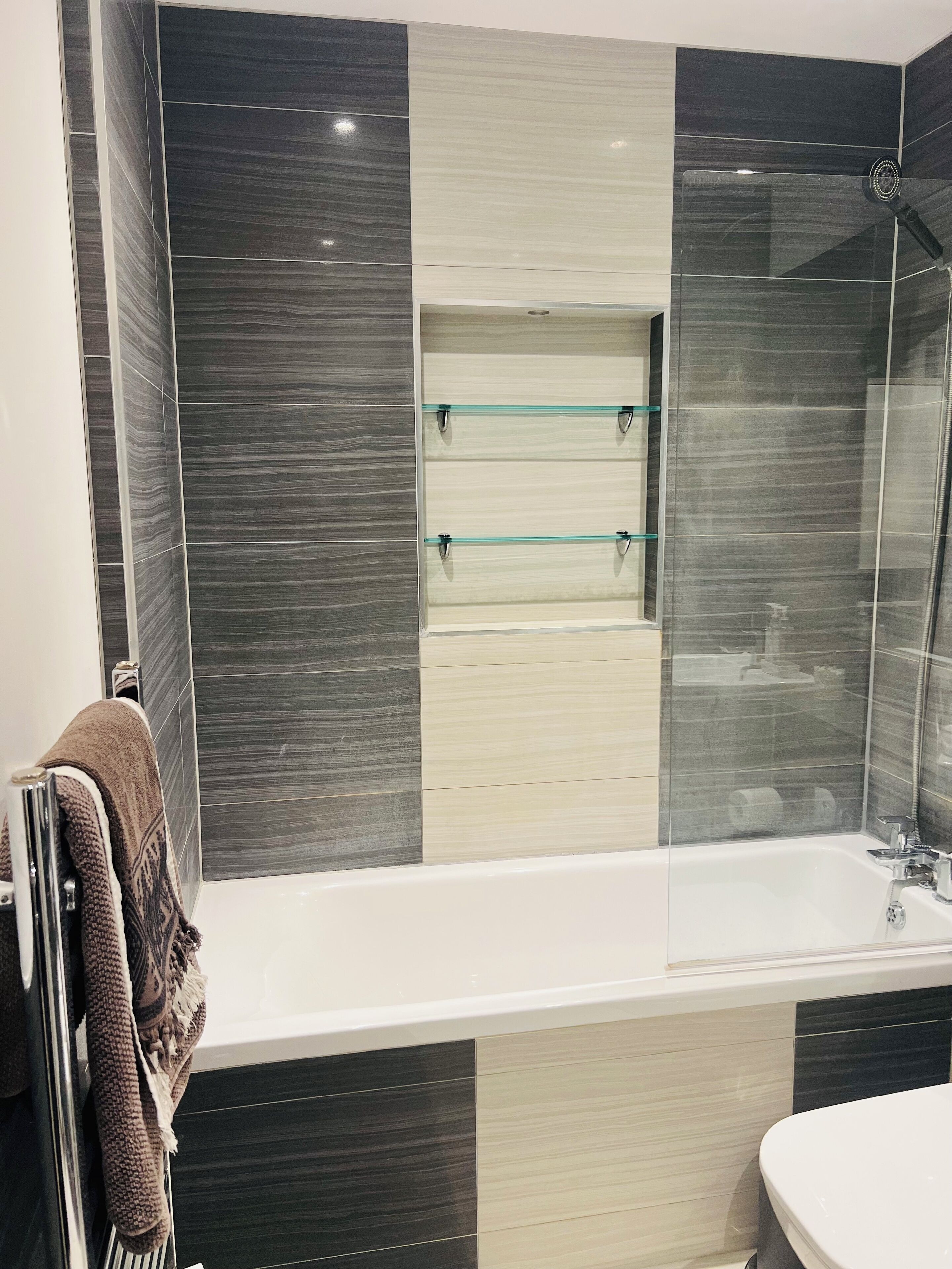 Hair dryer, towels, soap, toilet paper