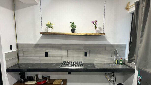Cozinha com bancada preta, eletrodomésticos de aço inoxidável e prateleira suspensa com plantas em vasos.