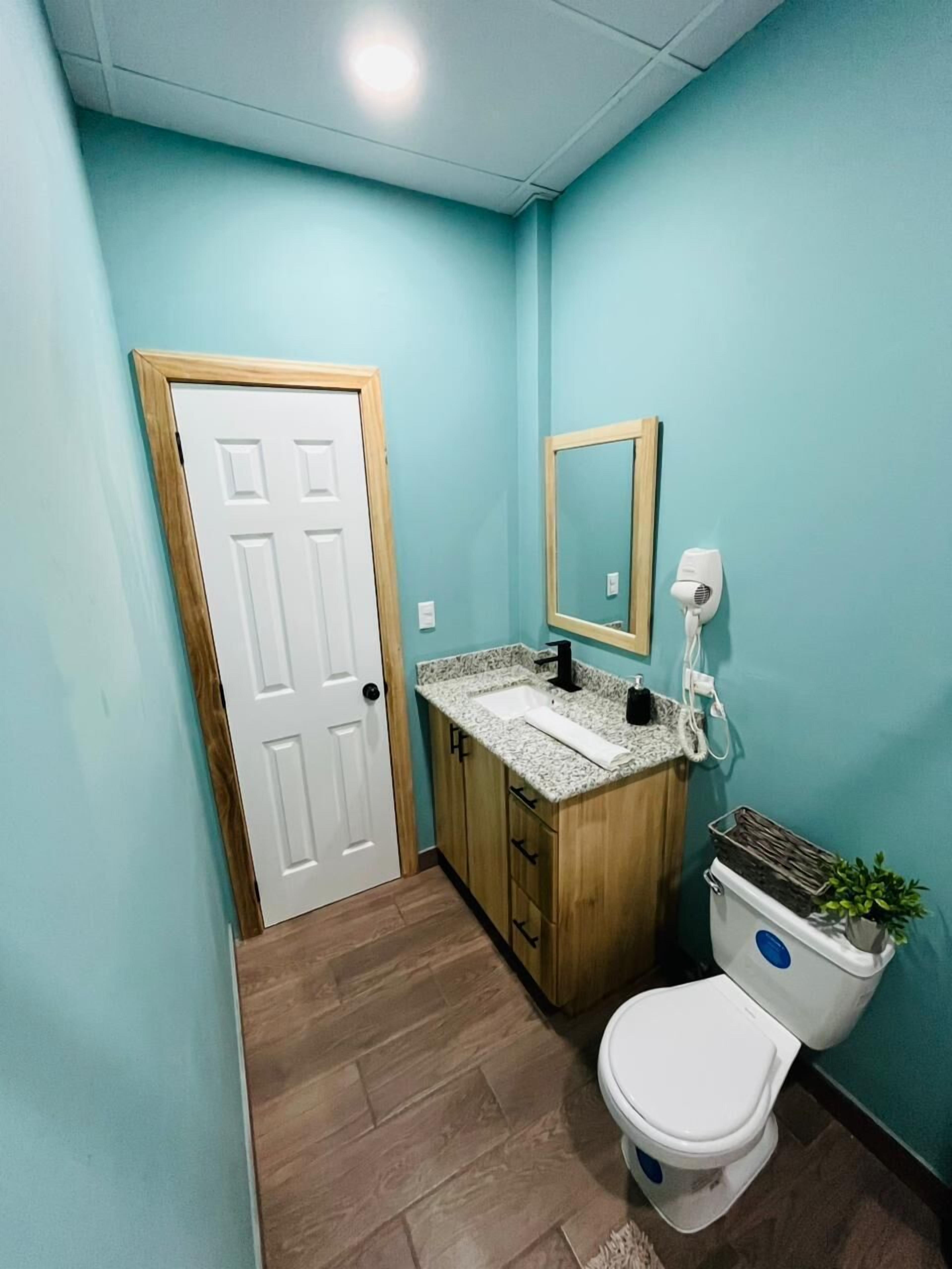 A small bathroom with a white toilet, a wooden cabinet with a sink, and a mirror on the wall.
