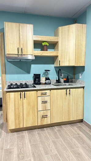 Familienapartment | Eigene Küche | Kühlschrank, Herdplatte, Kochgeschirr/Geschirr/Besteck