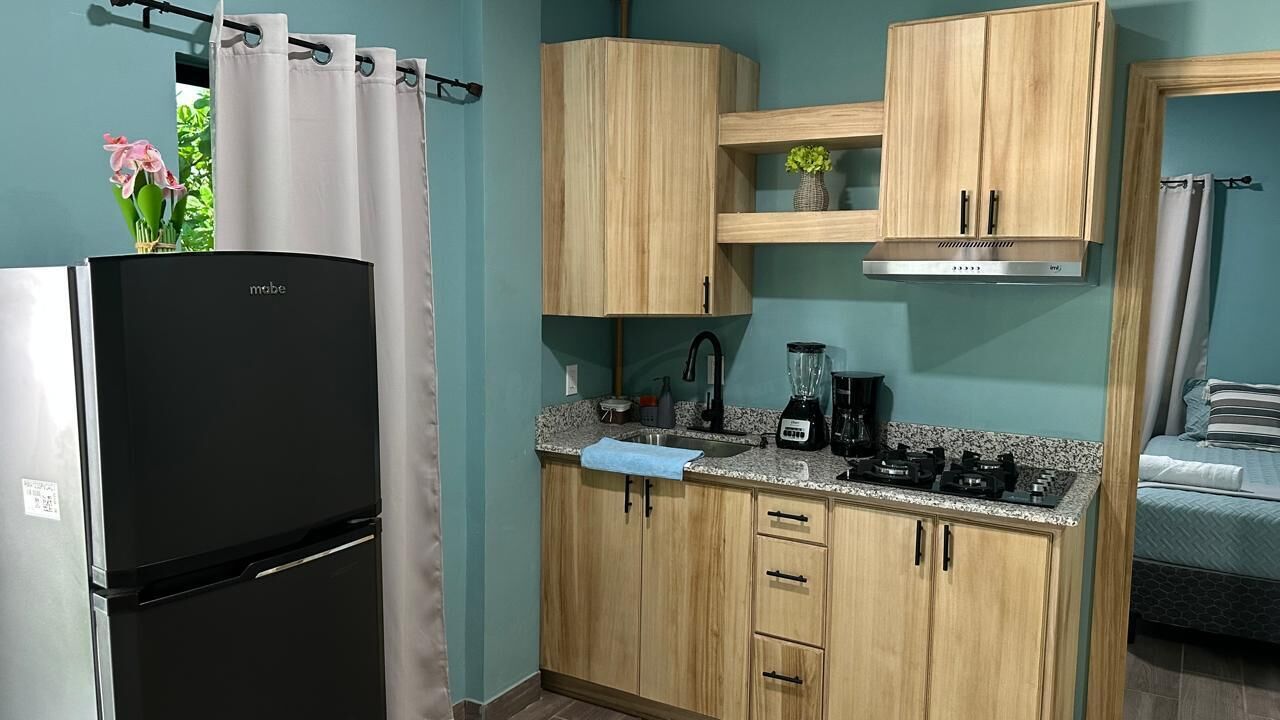A compact kitchen with a black refrigerator, wooden cabinets, a countertop with a coffee maker, and a small sink.