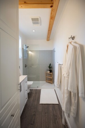 Hair dryer, towels, soap, toilet paper