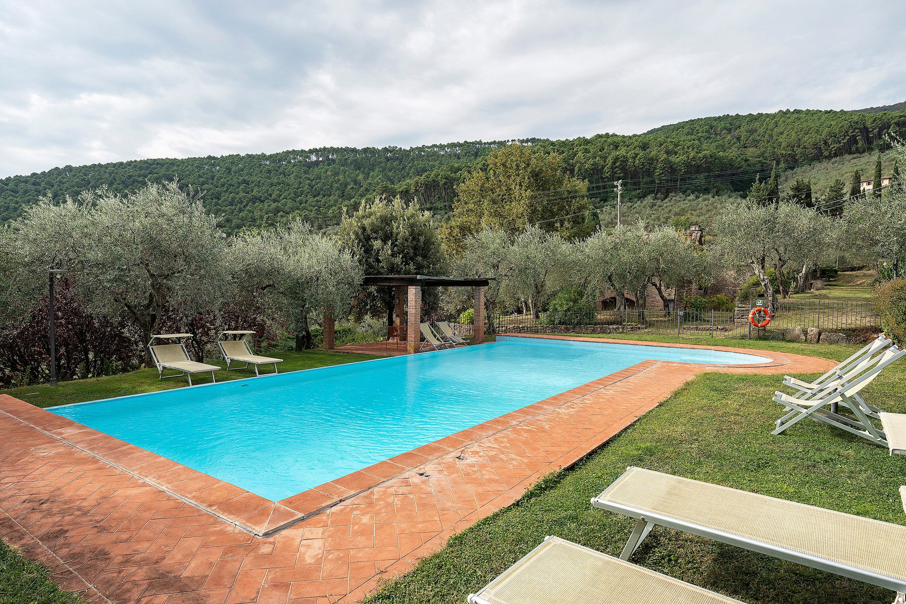 Una piscina rectangular amb un emmarcat de maó, envoltada per gespa i arbres.